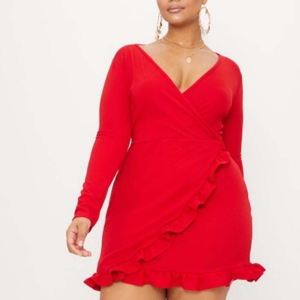 Vibrant Red Sexy Salsa Ruffle Wrap Mini Dress